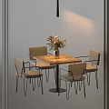 Modern Wooden Table And Chair Set With Four Light Gray Chairs And Vase Plants