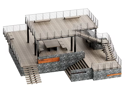 Outdoor Garden Feature With Wooden Deck Stone Wall Stairs Railings Bench And Table 3d model