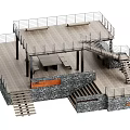 Outdoor Garden Feature With Wooden Deck Stone Wall Stairs Railings Bench And Table
