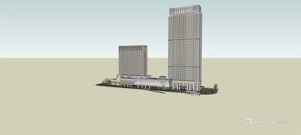 Modern High Rise Hotel Buildings With Connected Base And Exterior Design Elements 3d model