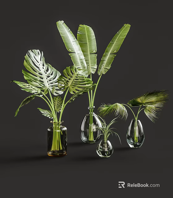 Transparent Glass Vases With Monstera Banana And Palm Leaves For Home Decor 3d model 