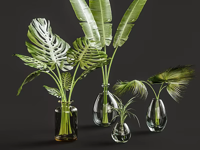 Transparent Glass Vases With Monstera Banana And Palm Leaves For Home Decor 3d model