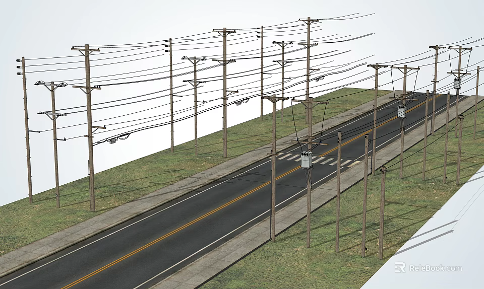 Road Infrastructure Featuring Utility Poles Power Lines Along Asphalt Road Lane Markings 3d model 