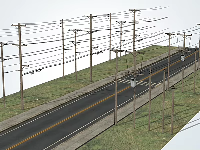 Road Infrastructure Featuring Utility Poles Power Lines Along Asphalt Road Lane Markings 3d model