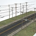 Road Infrastructure Featuring Utility Poles Power Lines Along Asphalt Road Lane Markings