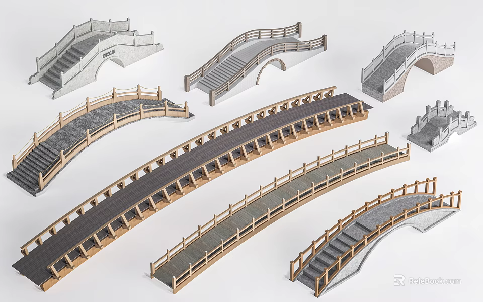 Various Landscape Bridges With Wooden Railings Curved Arches And Stone Steps 3d model 