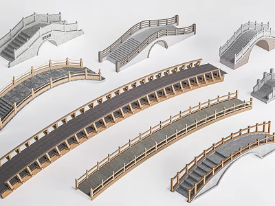 Various Landscape Bridges With Wooden Railings Curved Arches And Stone Steps 3d model