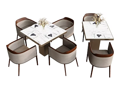 Modern Dining Table and Chair Set With Marble Tabletop Black Patterns Light Gray Cushions 3d model