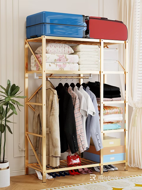 Golden Clothing Rack Holds Hanging Clothes And Stacked Linens With Plant 3d model 
