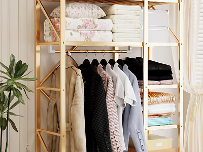 Golden Clothing Rack Holds Hanging Clothes And Stacked Linens With Plant 3d model