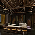 Traditional Hotpot Restaurant Interior With Wooden Beams Dining Tables And Warm Lighting