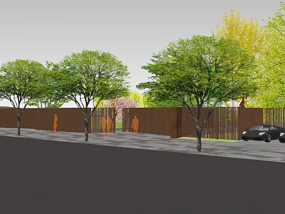 Garden Landscape With Lush Green Trees Brown Fence And Pink Flowering Plants 3d model