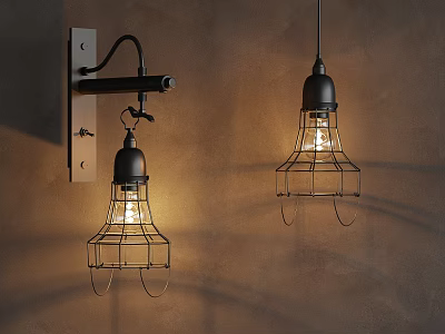Industrial Style Black Wall Lamp And Pendant Light With Wire Cage On Brown Wall 3d model