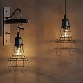 Industrial Style Black Wall Lamp And Pendant Light With Wire Cage On Brown Wall