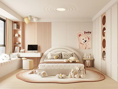 Cozy Kids Room Interior With Bed Stuffed Toys Bear Poster Circular Decorations Desk And Bookshelf 3d model