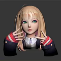 Anime Character Blonde Hair Green Eyes Making Hand Gesture With Striped Sleeves On Dark Background