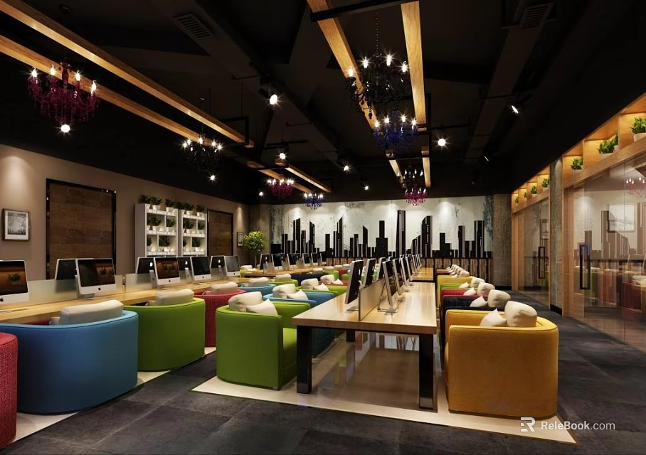 Modern Internet Cafe Interior With Colorful Sofas Computers Chandeliers Bookshelves And City Skyline Decorations 3d model 