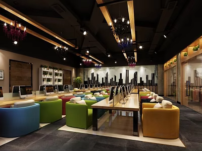 Modern Internet Cafe Interior With Colorful Sofas Computers Chandeliers Bookshelves And City Skyline Decorations 3d model