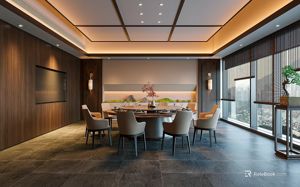 Modern Private Dining Room With Wooden Walls Round Table And City View 3d model 