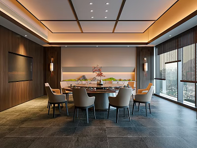 Modern Private Dining Room With Wooden Walls Round Table And City View 3d model
