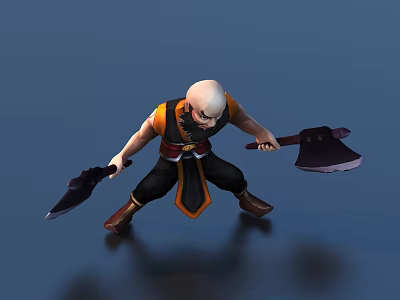 Bald Headed Game and Movie Character Wielding Dual Axes in Combat Stance 3d model