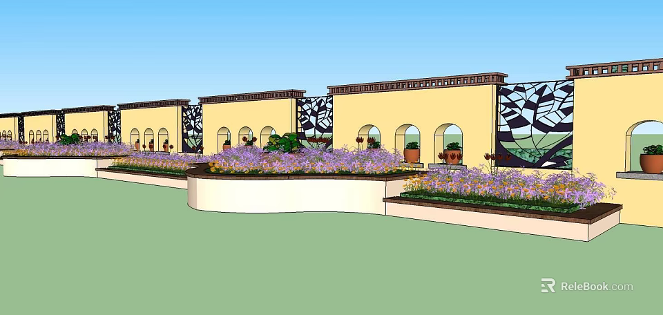 Yellow Building Exterior Wall With Arched Windows And Decorative Iron Grilles And Purple Flower Beds 3d model 