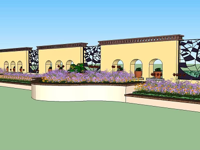Yellow Building Exterior Wall With Arched Windows And Decorative Iron Grilles And Purple Flower Beds 3d model
