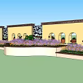 Yellow Building Exterior Wall With Arched Windows And Decorative Iron Grilles And Purple Flower Beds