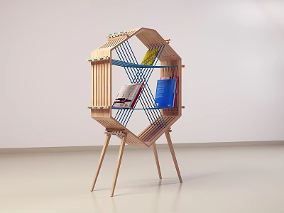 Unique Hexagonal Wooden Bookshelf With Three Legged Stand Blue Woven Details And Colorful Books 3d model