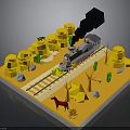 Vintage Train On Railroad Tracks With Desert Cactus Hay Bales And Horse