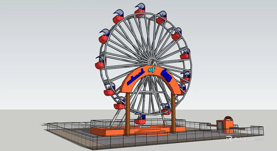 Amusement Ferris Wheel With Red Cabins Orange Arch Blue Decorations Metal Frame And Fenced Area 3d model 