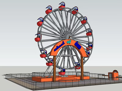Amusement Ferris Wheel With Red Cabins Orange Arch Blue Decorations Metal Frame And Fenced Area 3d model