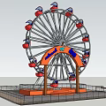 Amusement Ferris Wheel With Red Cabins Orange Arch Blue Decorations Metal Frame And Fenced Area
