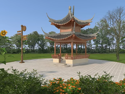 Traditional Chinese Pavilion In Garden With Grass Trees Sunflower And Signpost 3d model