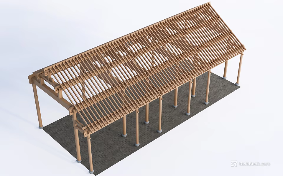 Wooden Pillars Supporting Outdoor Pavilion With Latticed Roof And Architectural Design 3d model 