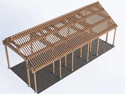 Wooden Pillars Supporting Outdoor Pavilion With Latticed Roof And Architectural Design 3d model