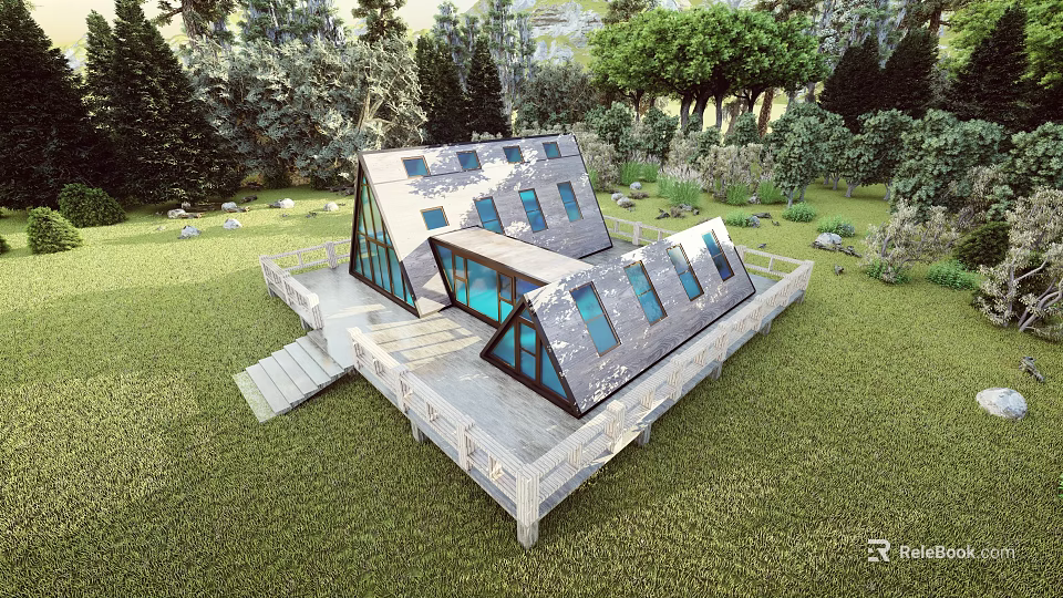 Modern Detached Villa Featuring Sloped Roof Glass Windows Wooden Deck and Lush Green Surroundings 3d model 