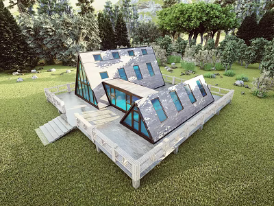 Modern Detached Villa Featuring Sloped Roof Glass Windows Wooden Deck and Lush Green Surroundings 3d model