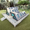 Modern Detached Villa Featuring Sloped Roof Glass Windows Wooden Deck and Lush Green Surroundings