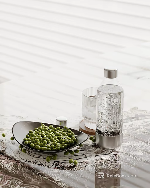 Decorative Ornament Set Featuring Black Plate Green Peas Transparent Water Bottle Glass Cup on Tabletop 3d model 