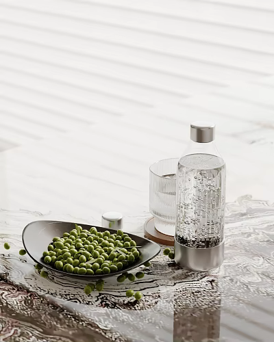 Decorative Ornament Set Featuring Black Plate Green Peas Transparent Water Bottle Glass Cup on Tabletop 3d model