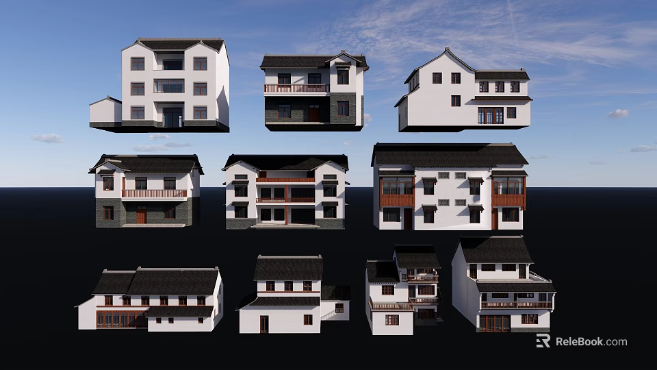 Traditional Chinese Garden Landscape With White Buildings And Black Roof Designs 3d model 