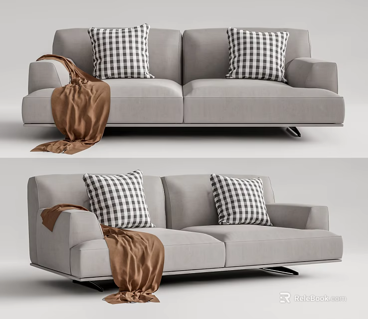 Gray Two Seater Sofa with Black White Checkered Pillows and Brown Blanket Draped Over Armrest 3d model 