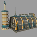 Futuristic Sci Fi Building With Curved Design Blue Orange Stripes And Tower
