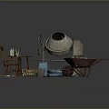 Miscellaneous Items Including Cement Mixer Wheelbarrow Wooden Chair Table Beer Bottles And Cardboard Box