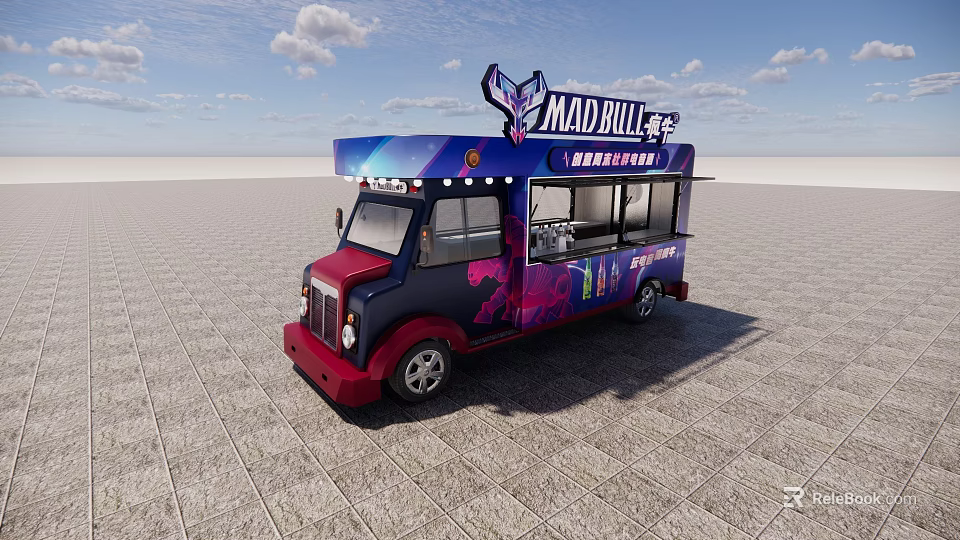 Mad Bull Food Truck With Vibrant Purple Red Design And Open Service Window 3d model 