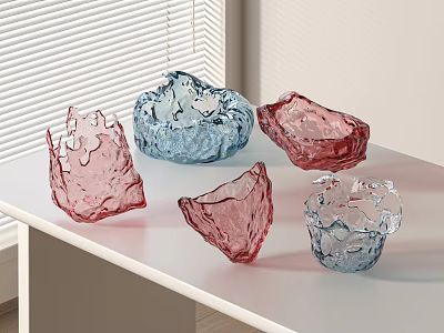Colorful Decorative Glass Bowls In Pink And Blue On White Table 3d model