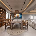 Modern Living and Dining Room Open Concept Interior With Sofa TV Wall and Decorative Rug