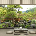 Traditional Japanese Garden With Stone Lanterns Bamboo Fence And Green Trees