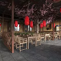 Traditional Chinese Restaurant Interior Featuring Bamboo Tables Chairs Red Lanterns Round Mirrors And Clay Pots